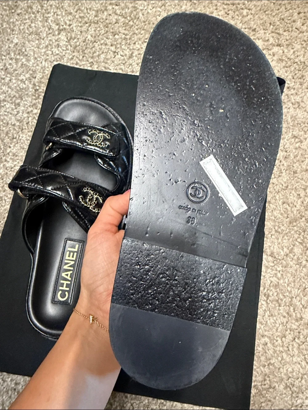 CHANEL Black Quilted Double-Strap Logo Slides with Gold Hardware
